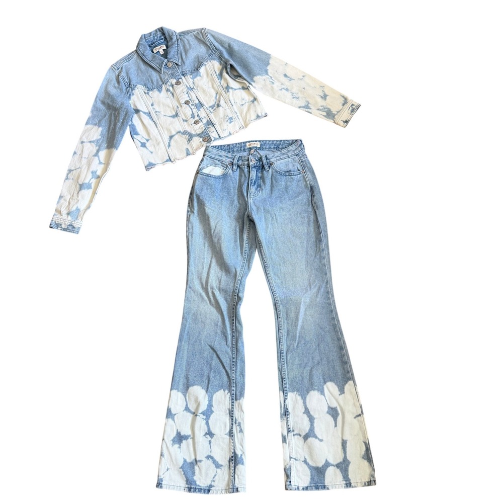 Shyanne Western Bleach‎ Tie Dye Denim Set Flare Jeans & Cropped Jacket